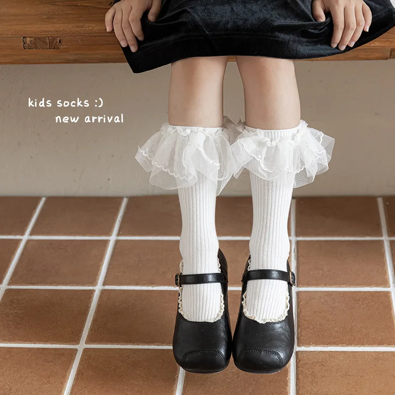 Sweet Cute Lolita Girls Lace Ruffles Girls Middle Tube Socks Brown Princess Style Socks Korean Fashionable Versatile Girls Socks
