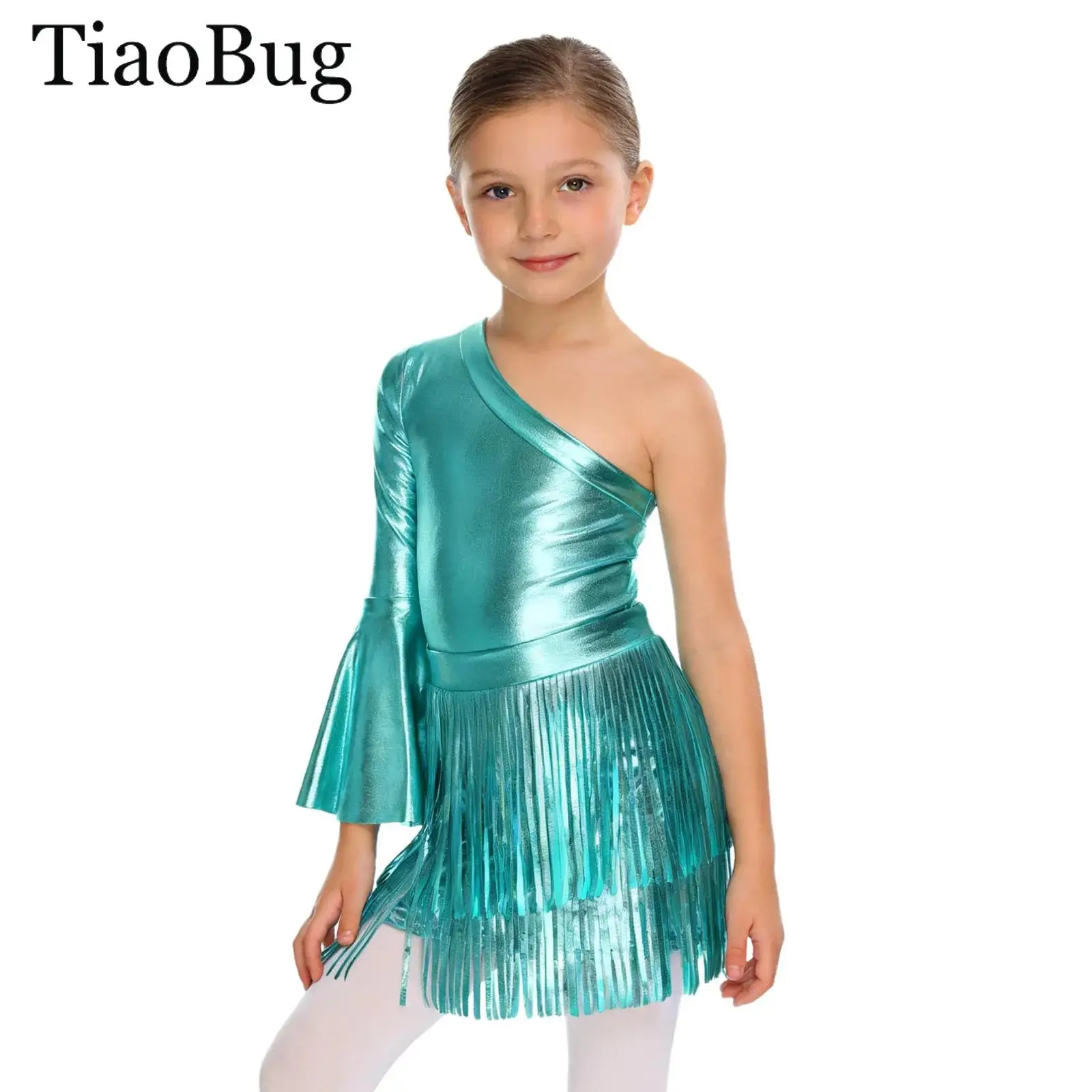 

Girls Metallic Shiny One Flare Sleeve Bodysuit with Tassels Skirt 70S Disco Hippie Jazz Dance Jumpsuit Western Cowgirl Costumes