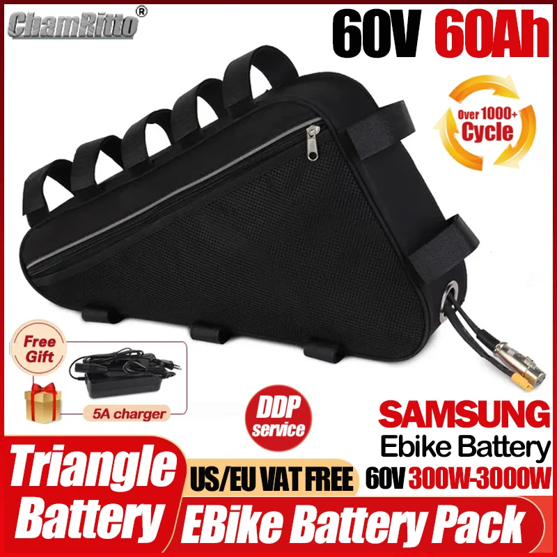 

60V Electric bicycle 40ah cham rider Battery Triangular Battery ebike 30 50ah 60ah Lithium Battery 60v 1000w 1500w 2000w Motor
