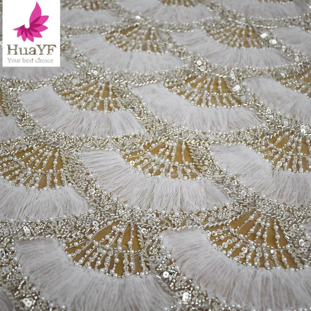 1 Yard Dubai 2024 New Coiling Embroidery Silver-White Sequined Lace with Beads Pearl Lady Clothing fabric HY2732