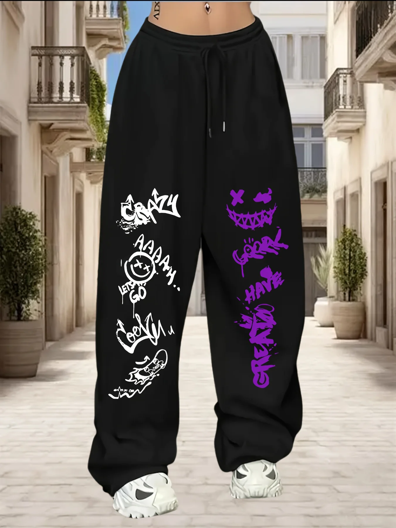 

Спортивные спортивные штаны с большим принтом, свободные спортивные брюки прямого кроя с карманами и завязками, универсальные для верхней одежды