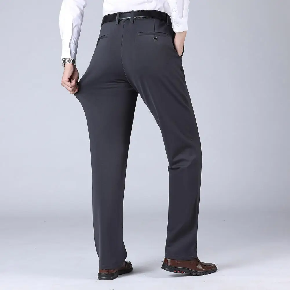 

Men Straight Pants Warm Plush Men's Suit Pants Stylish Business Trousers with High Waist Deep Crotch Cozy Pockets Men Office