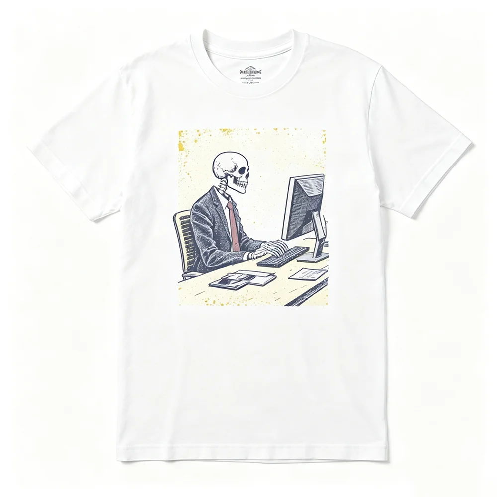 Unisex Dead inside Office Worker Skeleton Graphic T-Shirt Vintage Woodcut Corporate Slave Meme Short Sleeve Tee for Kids