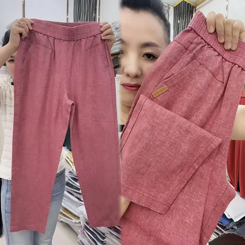 กางเกงผ้าฝ้ายและผ้าลินินน้ําแข็งฤดูร้อนบางอเนกประสงค์ลําลองหลวมอินเทรนด์เรียบง่ายสีทึบผู้หญิงวัยกลางคนและผู้สูงอายุ