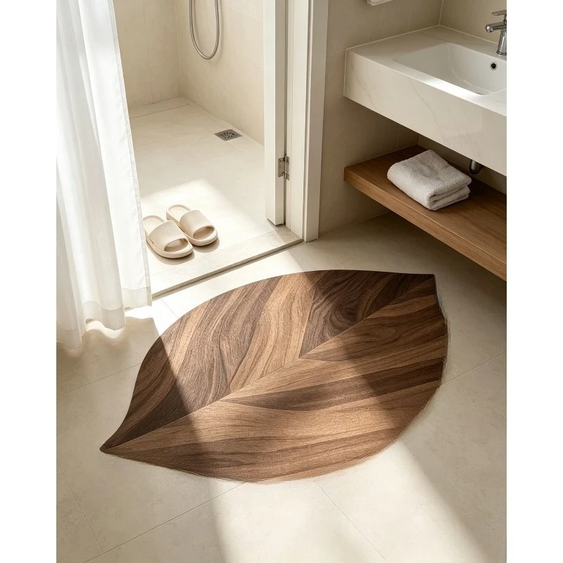 Wood‑Grain Leaf Print Diatomite Bath Mat Quick‑Dry Non‑Slip Absorbent Bathroom Floor Mat for Home Toilet