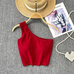 Women Chic Solid Camis Slim One Shoulder Tank Top Basic Hot Sexy Korean Fashion Off Shoulder Summer Women Crop Top