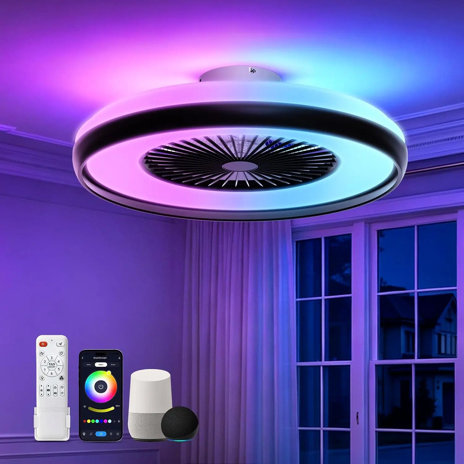 Flush Mount Smart Bladeless Ceiling Fan Light RGB Dimmable Voice Remote App Control Bedroom Kids Room