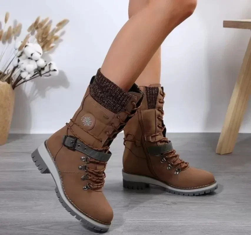 2024 Winter New Outdoor Shoes for Woman Side Zip Mid-Calf Boots Square Heel Casual Women Med Heel Ladies Round Head Plus Size 43