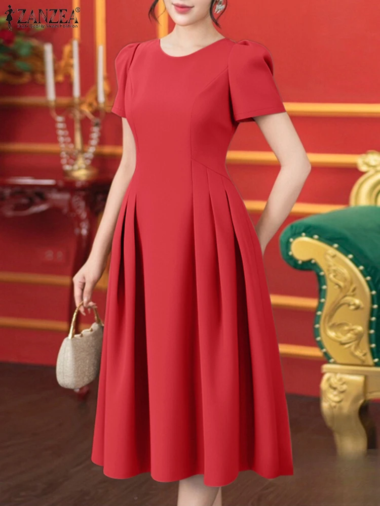 ZANZEA نساء مطوي رداء س الرقبة الشارع الشهير قصيرة نفخة الأكمام أنيقة فساتين متوسطة الطول 2025 موضة بلون ألف خط Vestidos #3