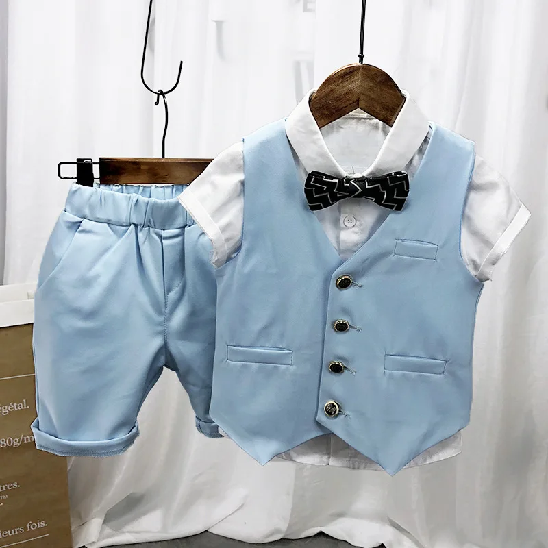 Baby Boy Clothing Sets Children Suits Boy White Shirt with Bow Tie + Vest + Shorts 3PCS Outfits Summer Boy Gentleman Suit 2-7Yrs