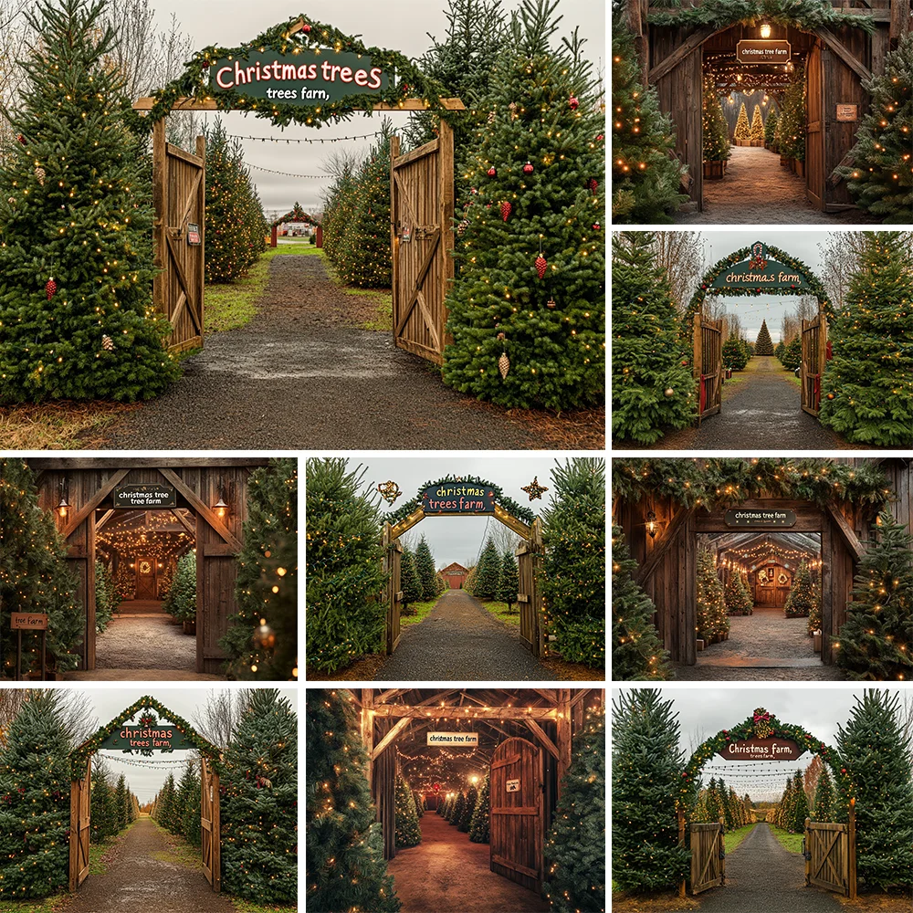 

Christmas Tree Farm Background Photography Glitter Star Green Pine Wooden Door Backdrop Winter Family Kids Photo Studio