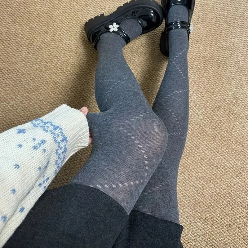 New Korean Retro Jacquard Knitted Rhombus Hollow Pantyhose Warm Base Grid Leggings Autumn Elastic Slim Stockings for Women Grils