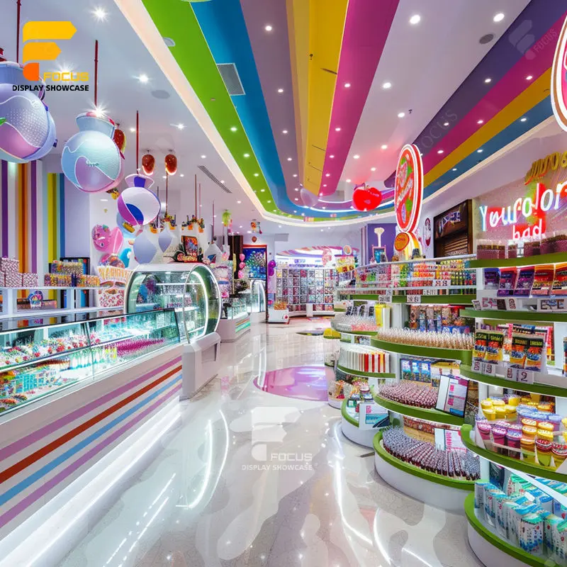 Customized-Factory Manufacturing Candylicious Pink Candy Store Wood Display Rack Shelf Nuts Shop Counter