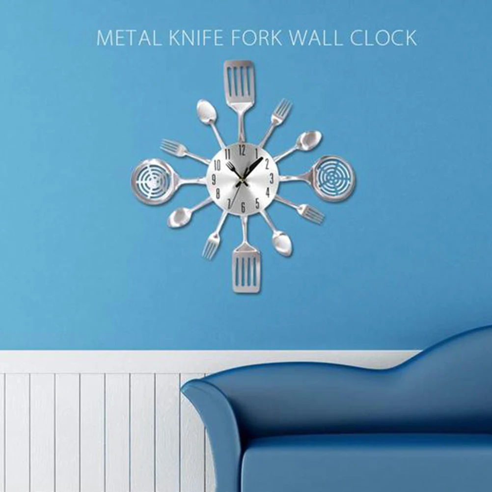 Silver Cutlery 32x32cm Metal Kitchen Home Decor Wall Clock Metal Wall Clock Decor Modern Design Clocks Home Decorative