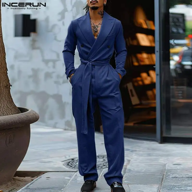 INCERUN 2024 American Style Fashion Jumpsuit Casual Men's Suit Neck Double Breasted Jumpsuits Long Sleeved Casual Rompers S-5XL