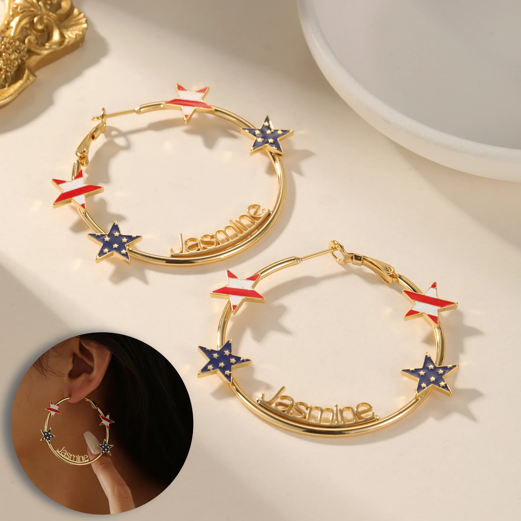 

Personalized Name Earrings Welded Flag Star Enamel Dangle Earrings Unique Gift for Her Him Patriotic Jewelry 18k Gold Plated