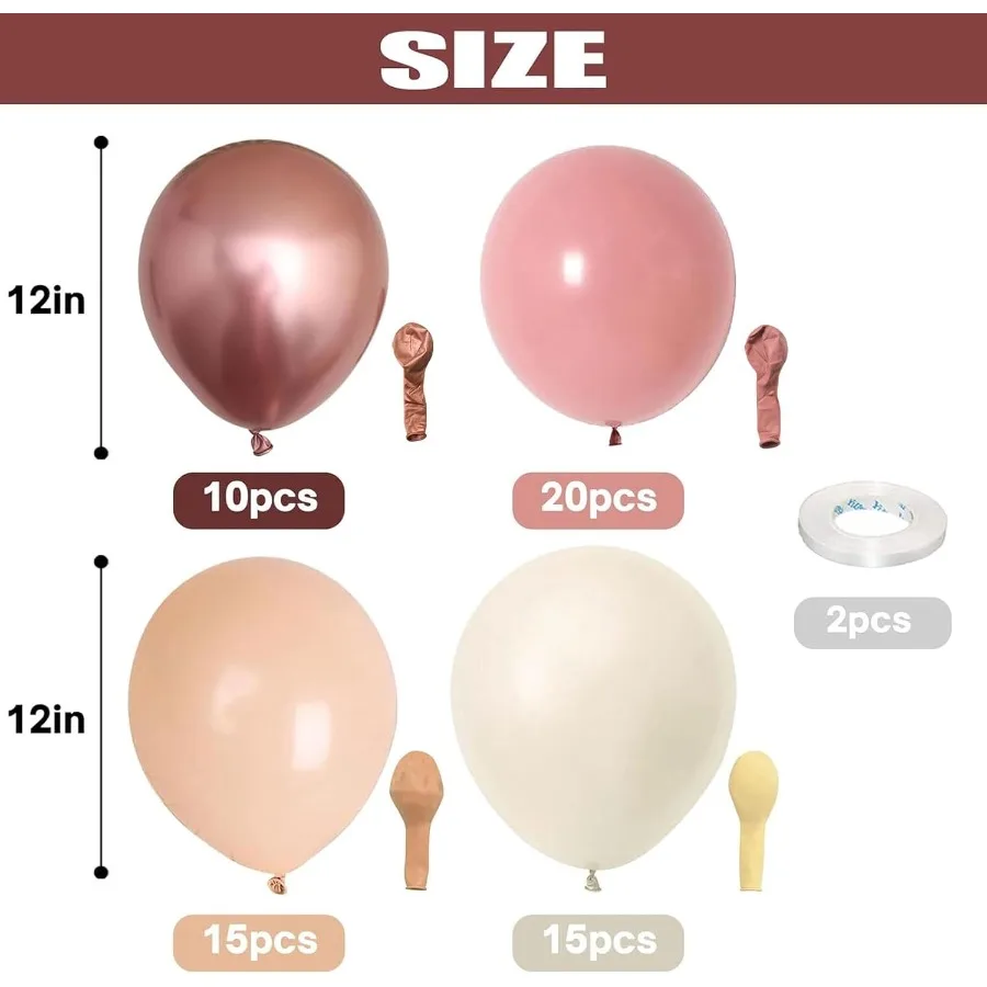 レトロなブラッシュピンクの風船60個パック、12インチのダスティピンク、メタリッククローム、ローズゴールド、ホワイトサンド、ヌードの風船、ブライダル、ベビーシャワー用
