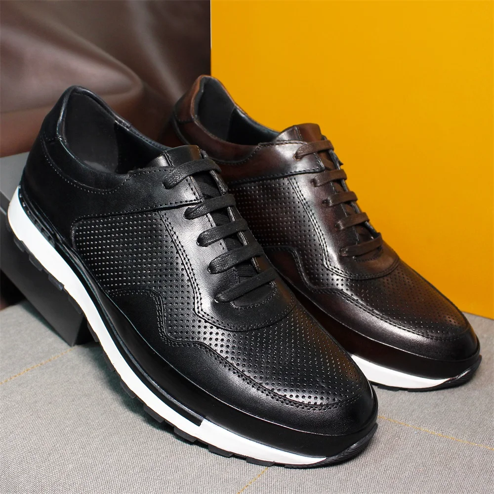 Genuine Leather Casual Men's Shoes Lace-up Comfortable Non-slip Sole Brogue Sneakers Wedding Date Dance Office Leather Shoes