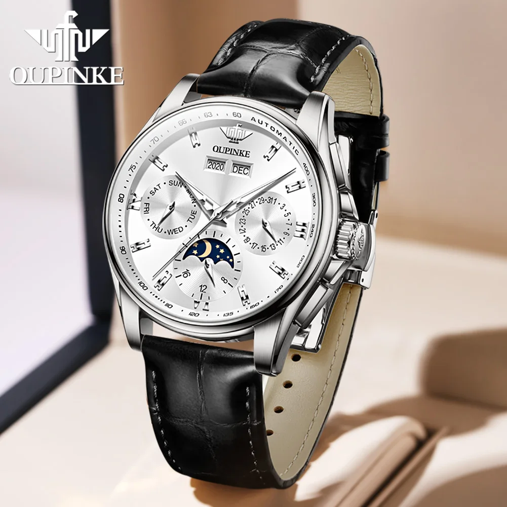 OUPINKE Luxury Men‘s Watch Chronograph Automatic Mechanical Watches Leather Band Waterproof Moon Phase Wristwatch 2023 Top Brand