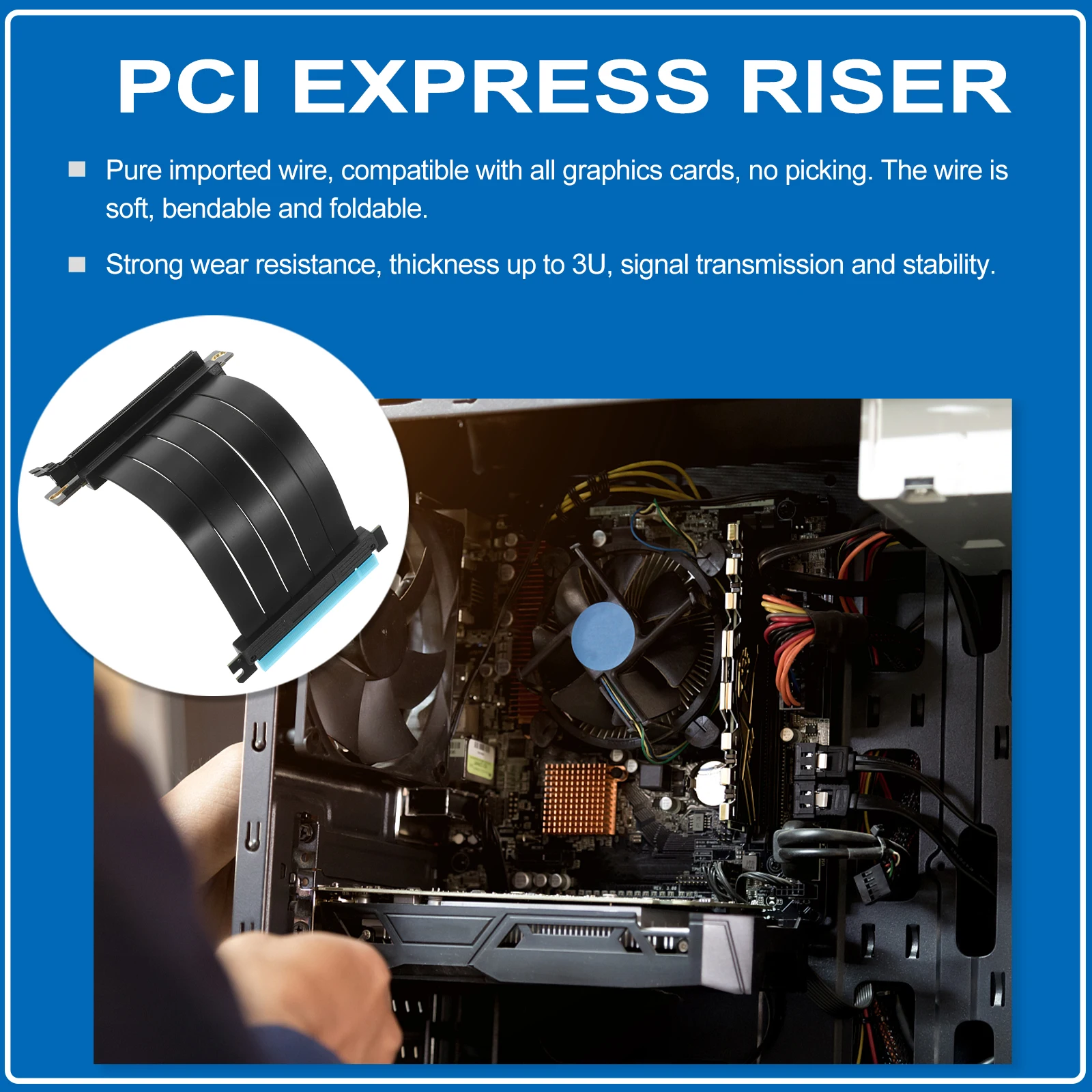 

16X Riser Gpu Extension Cable Pci-E 3.0 Express Ribbon High Speed 3U Thick Stable Transmission Soft Foldable Pure Copper Wire