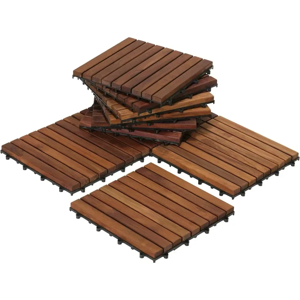 

Floor Interlocking Flooring Tiles in Solid Teak Wood Oiled Finish (Set of 10), Long 9 Slat