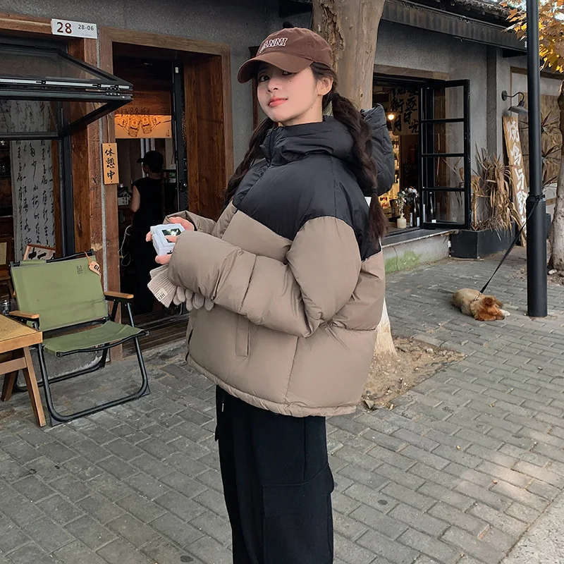 Winter Down Cotton Jacket Women 2024 New Zipper Color Blocking Hooded Coat Female Thick Warm Puffer Parkas Jackets Outerwear