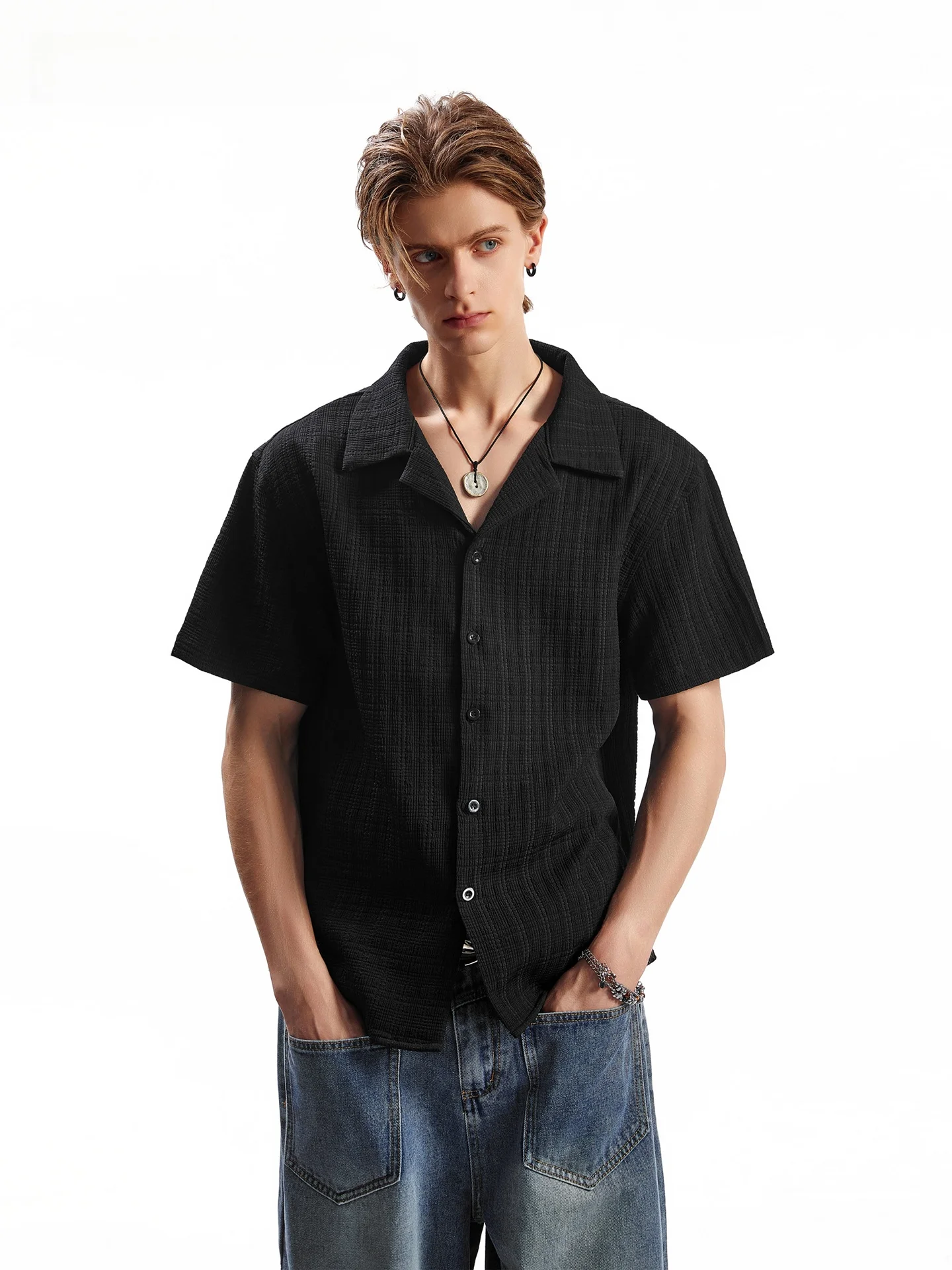 SDMADE Cuban Collar Short Sleeve Shirt Men's Loose Texture Sensation Open Cardigan Top Breathable Cool Feeling Casual Style
