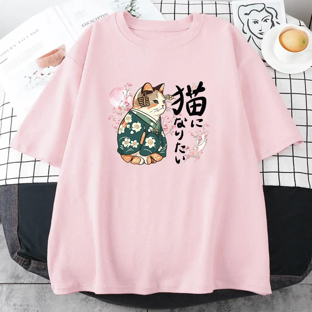 Ukiyoe Kanji Cat camiseta de estilo japonés flor Sakura camiseta rosa camisetas para niñas camisetas casuales de manga corta camisetas gráficas