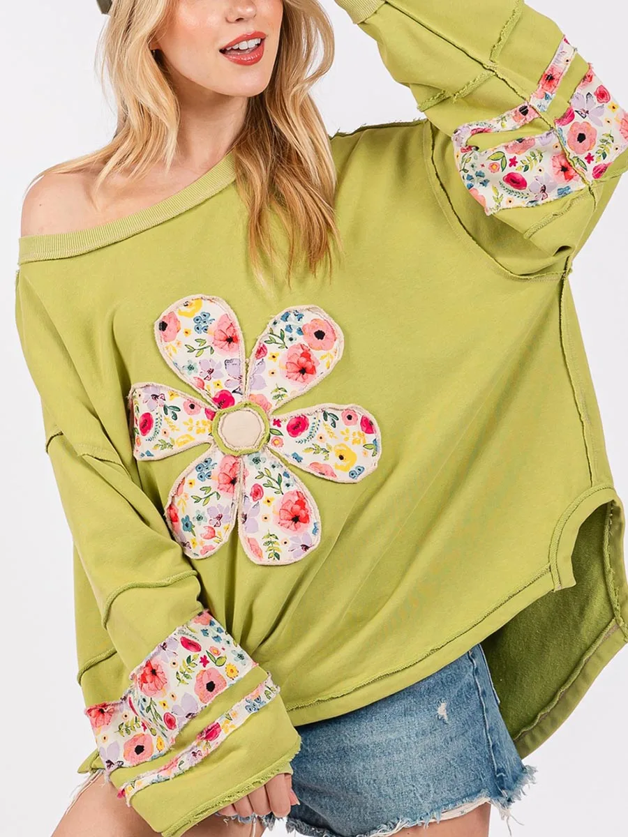 Dames Lente Herfst Losse Sweatshirt Met Lange Mouwen En Ronde Hals Gebloemde Pullover