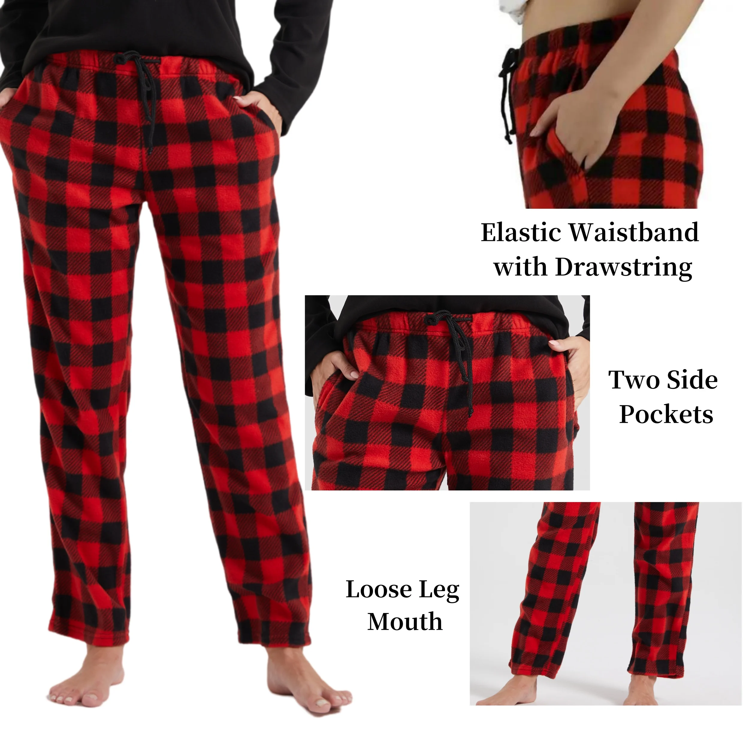 Women Fleece Pajama Pants Loose Comfy Plaid Bottoms with Pockets Sleep Lounge Pants