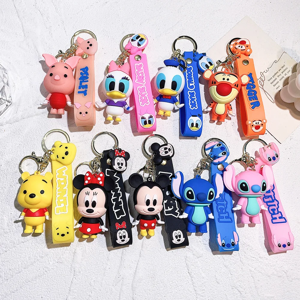 Disney Anime Stitch Mickey Mouse Keychains Cute Cartoon Boys Girls Keyring Kawaii Minnie Key Chain PVC Model Kid Toy Doll Gift