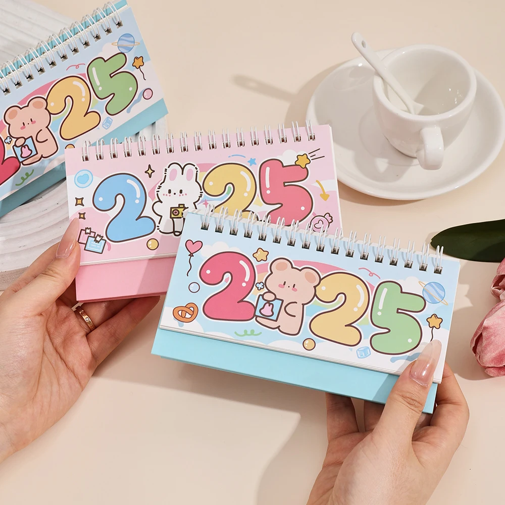 1 pc 2025 Cute Cartoon Monthly Desk Calendar Standing Flip Coil Desktop Calendar With Notes Memo For Planning Schedule School