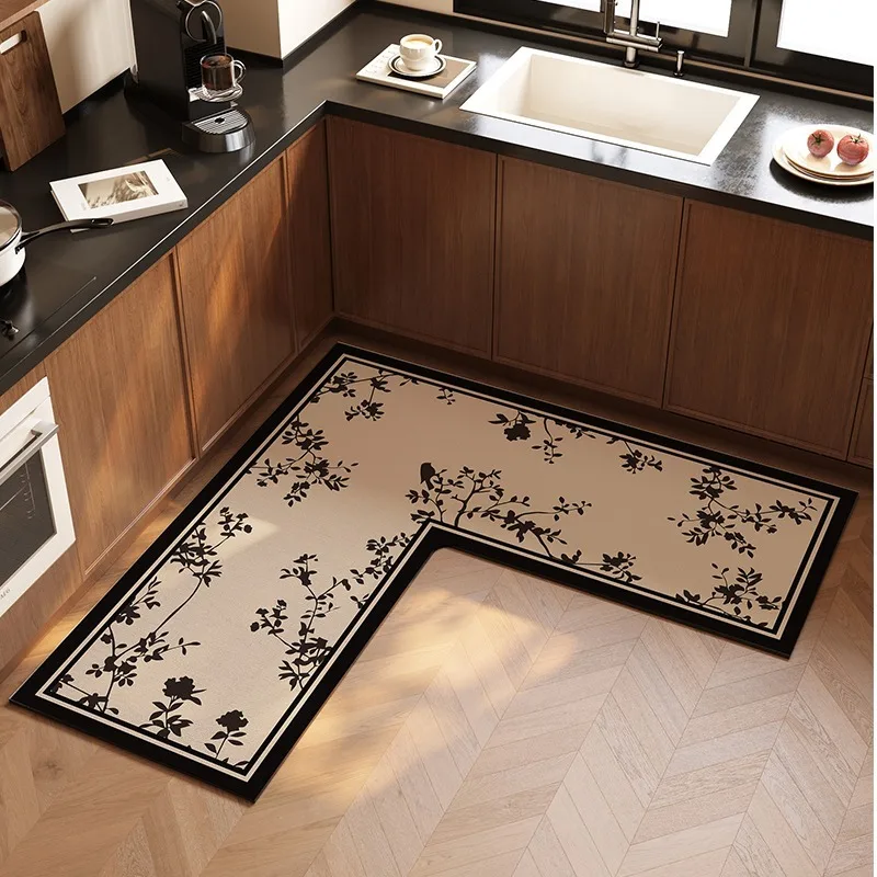 L-shaped Retro Floral Pattern Kitchen Floor Mats Non-slip Oil-proof Wash-free Foot Mat PVC Waterproof  Stain-resistant Carpet IG