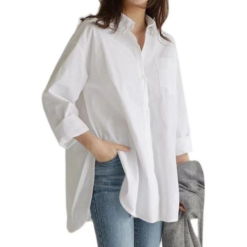 Fashion autumn blue shirt women's asymmetric top casual long sleeve blusas women's button down bottoms