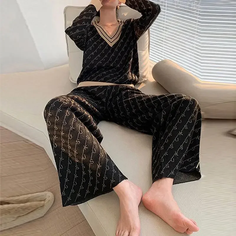 Black Crochet Knitted Sweater Trousers Woman Autumn Winter Printing Wide Leg Pant Sets for Women 2 Pieces Top and Bottom Classy