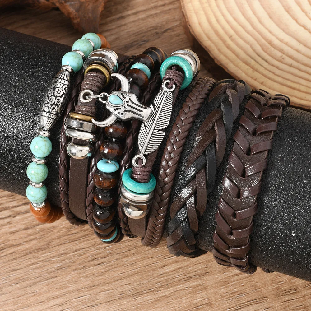 Ethnic Tribal Vintage Leather Bracelets For Men Fashion Multi Layer Retro Cow Head Leaves Scripture Leather Bracelets Gift