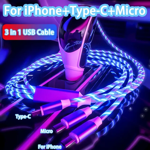 3 w 1 świecące światło LED 3A szybkie ładowanie kabla Micro USB typu C dla iPhone Samsung Xiaomi Redmi kabel USB do ładowarki telefonu