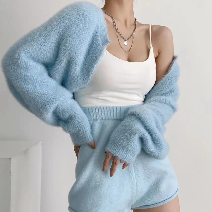 Fuzzy Bolero Shrug for Women Mohair Knit Long Sleeve Open Front Plain Cropped Cardigan Sweater Teen-girl Y2K 90s Outfit