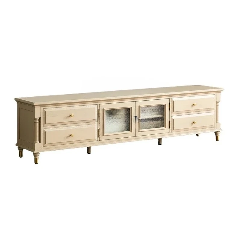 

French Style Solid Wood TV Cabinet Cream White Vintage Solid Wood White Cream Style Ash Wood