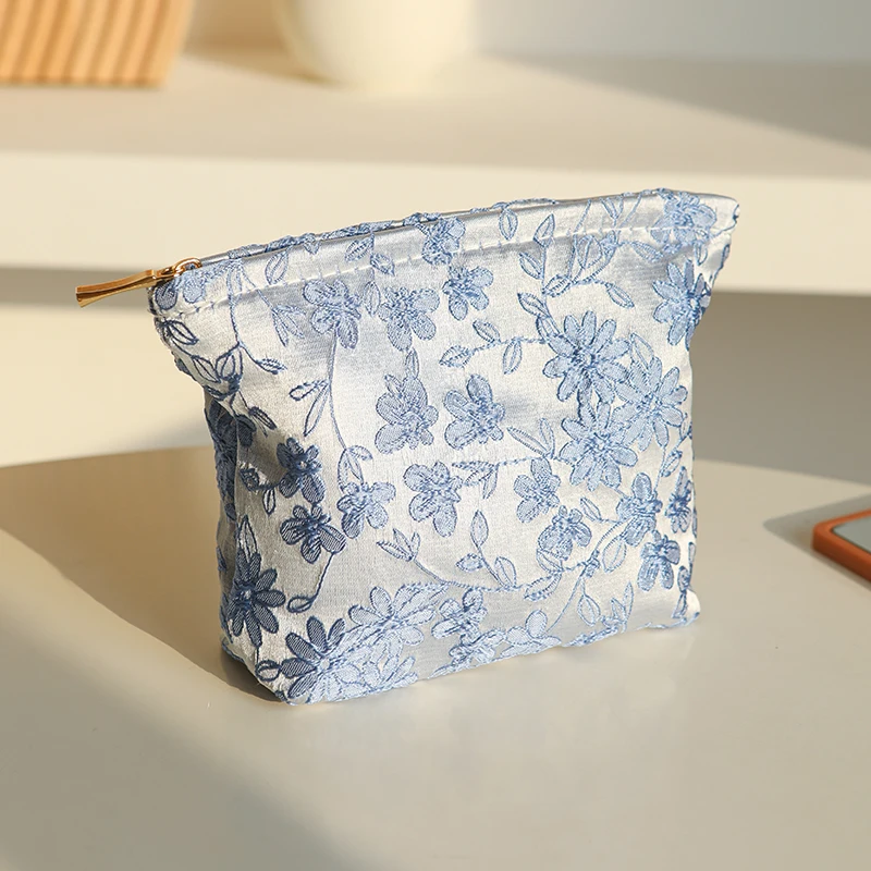 New Small Size Female Cosmetic Bag Portable Blue Embroidery Mini Sanitary Napkin Storage Bag Commuter Coin Key Bag Bank Card Bag