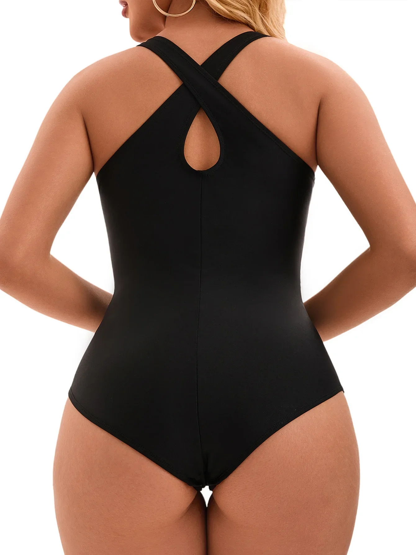 Vintage Black Swimwear Women Large Size Sexy V Neck Pleate Slim Backless Cross One Piece Swimsuit Beach Bathing Swimming Suits