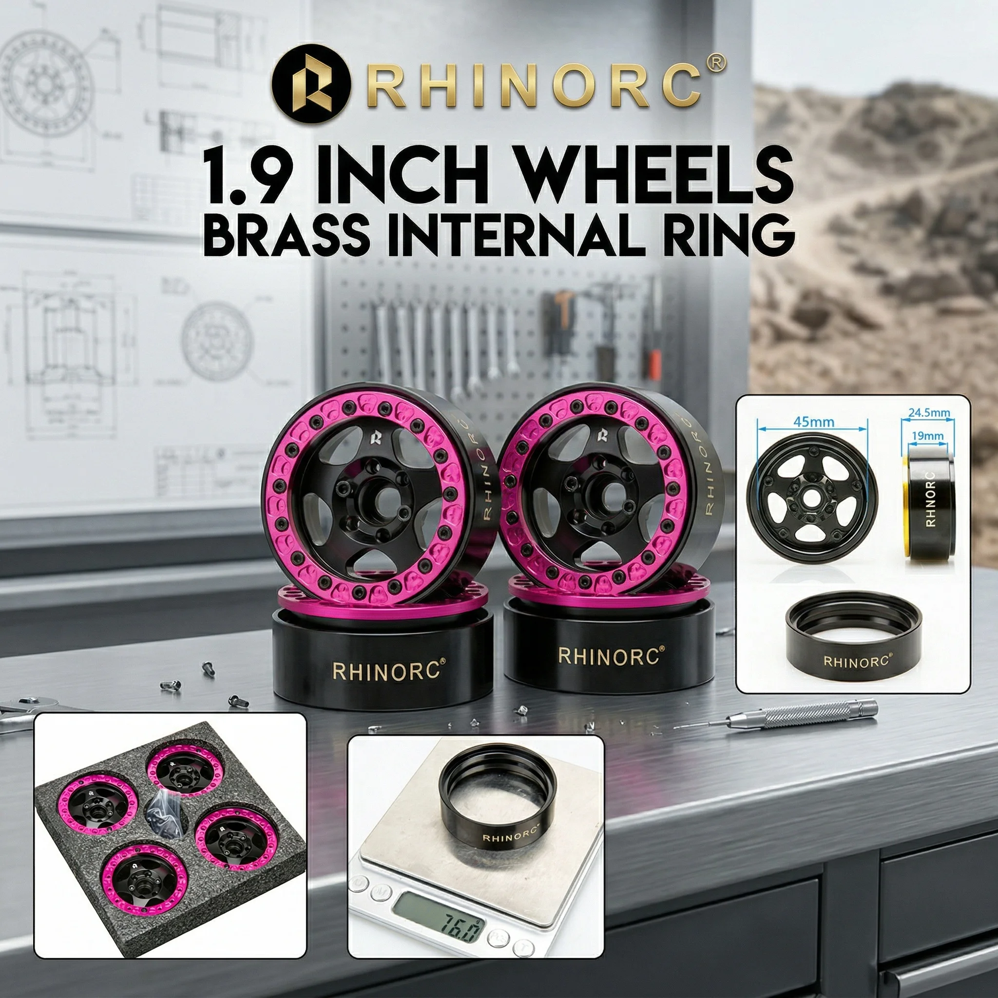 

RhinoRC Pink 1.9'' Narrow Beadlock Wheel Rim 24.5mm Brass Aluminum 127g for 1/10 Scale RC Crawler Off-Road Vehicle Accessory