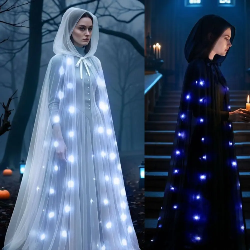 Creative Gift with Oversized Hood LED Halloween Hooded Cloak Lace-up Black Color Overcoats Vintage Cosplay Costume