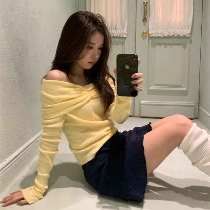 

Knot One oulder Thin Knitted Sweater Women's Sweet Sle Long Sve ort Length Fall New Arrival