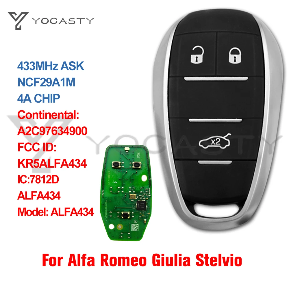 YOCASTY KR5ALFA434 A2C97634900 ALFA434 Keyless Smart Key 433MHz 4A Chip For 2015 2017 2019 2020 Alfa Romeo Giulia Stelvio