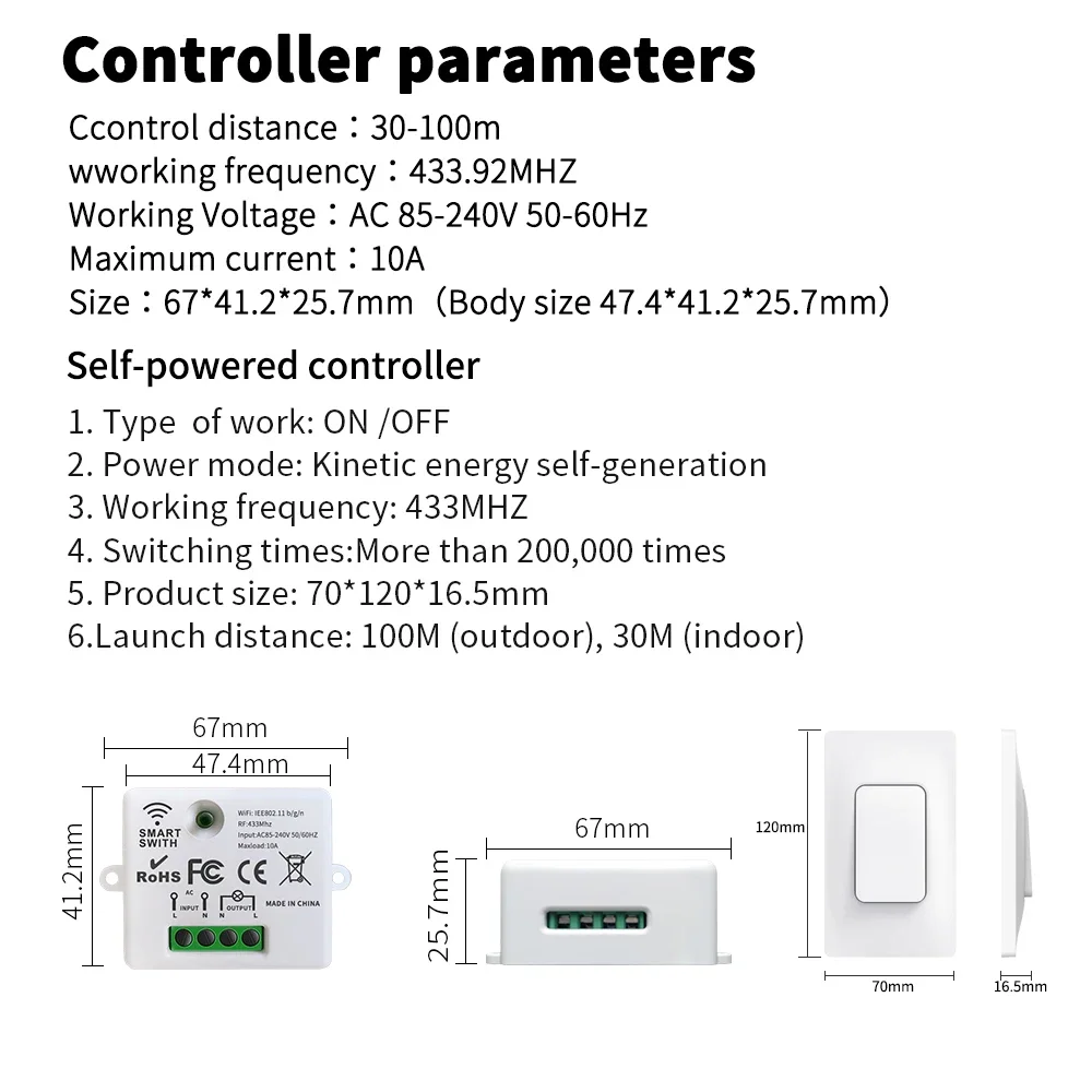 GERMA-interruptores inalámbricos RF433mhz, resistentes al agua, no requiere batería, ahorro de energía de pared de interruptor de luz, interruptor de energía cinética