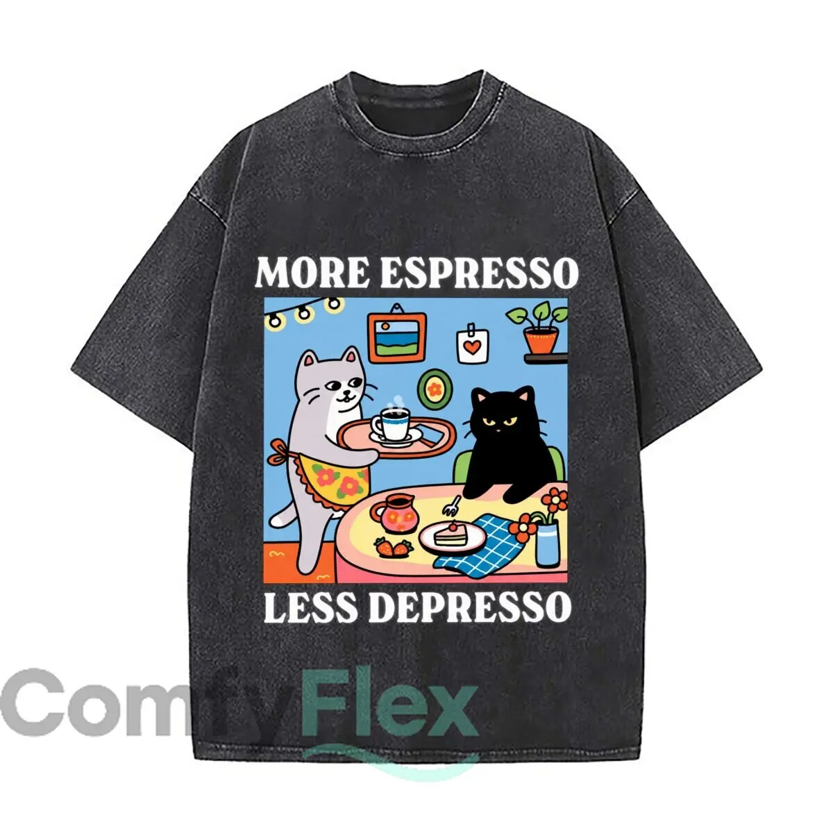 More Espresso Less Depresso Cat Coffee Scene Washed Short Sleeve Loose Streetwear Tee Hip Hop