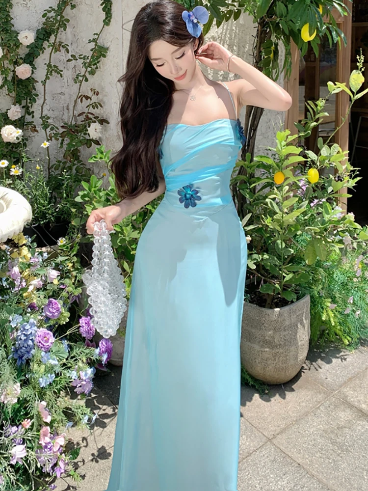 2025 novo azul apliques chique estilingue sexy vestido longo verão elegante bodycon vestido de férias feminino kroean vintage festa vestido de noite