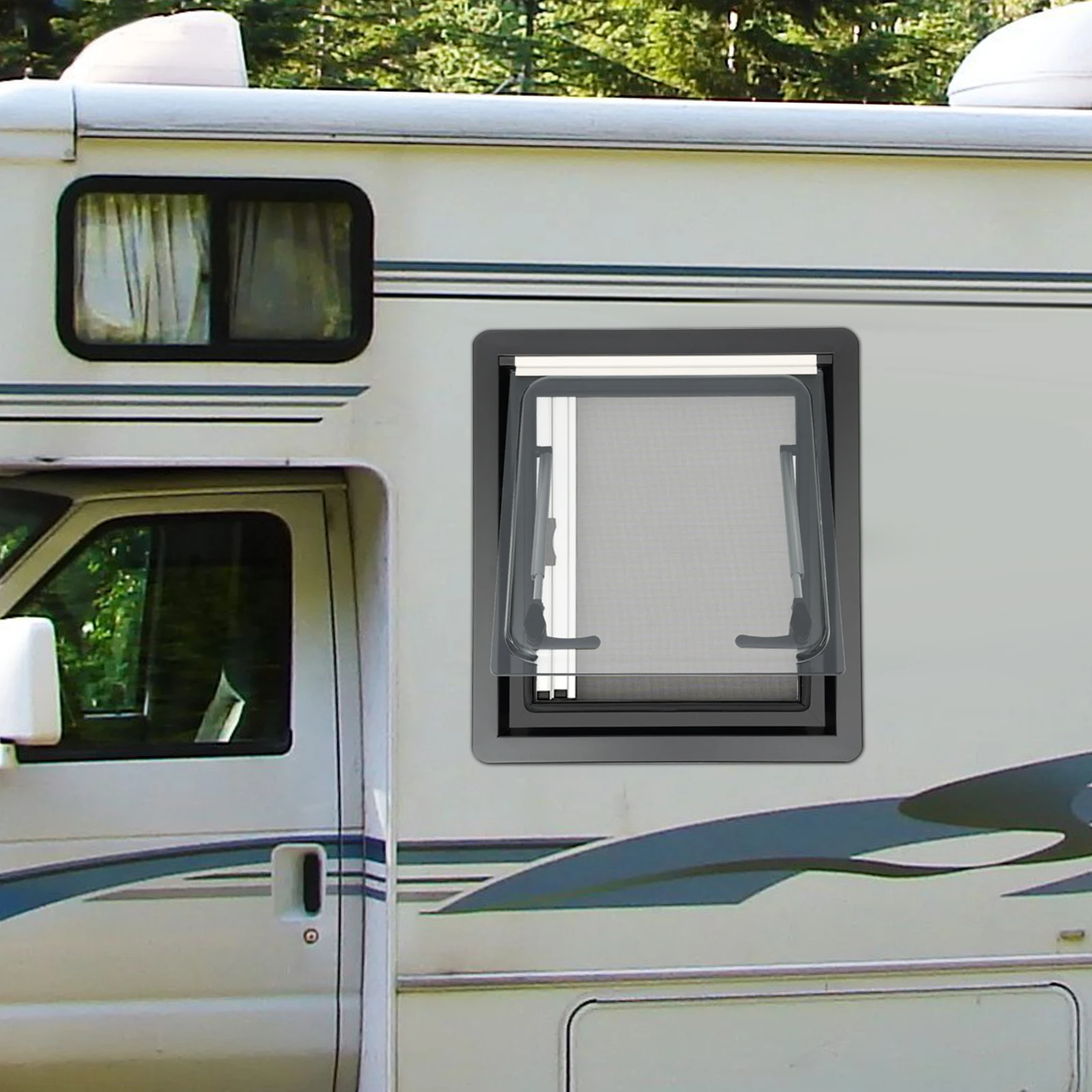 450x500mm RV Push-Out Window 70° Adjustable Caravan Extrapolated Ventilation Window with Integrated Sunshade & Insect Net