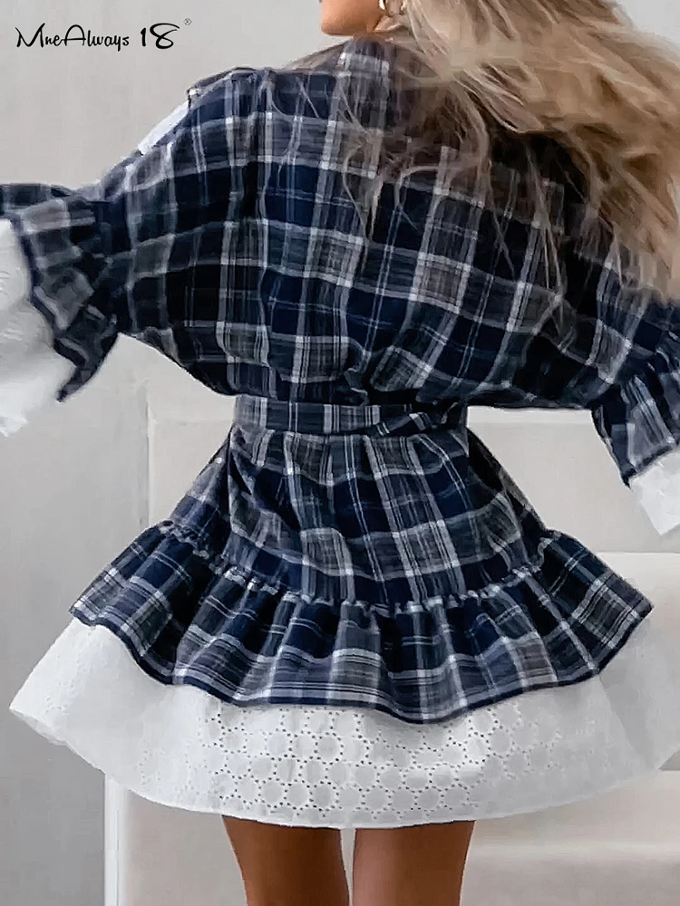 Mnealways18 Cascading Ruffle Gingham Dress With Belt Turn Down Collar Patchwork A-Line Dress Fall Winter 2024 Button Mini Dress